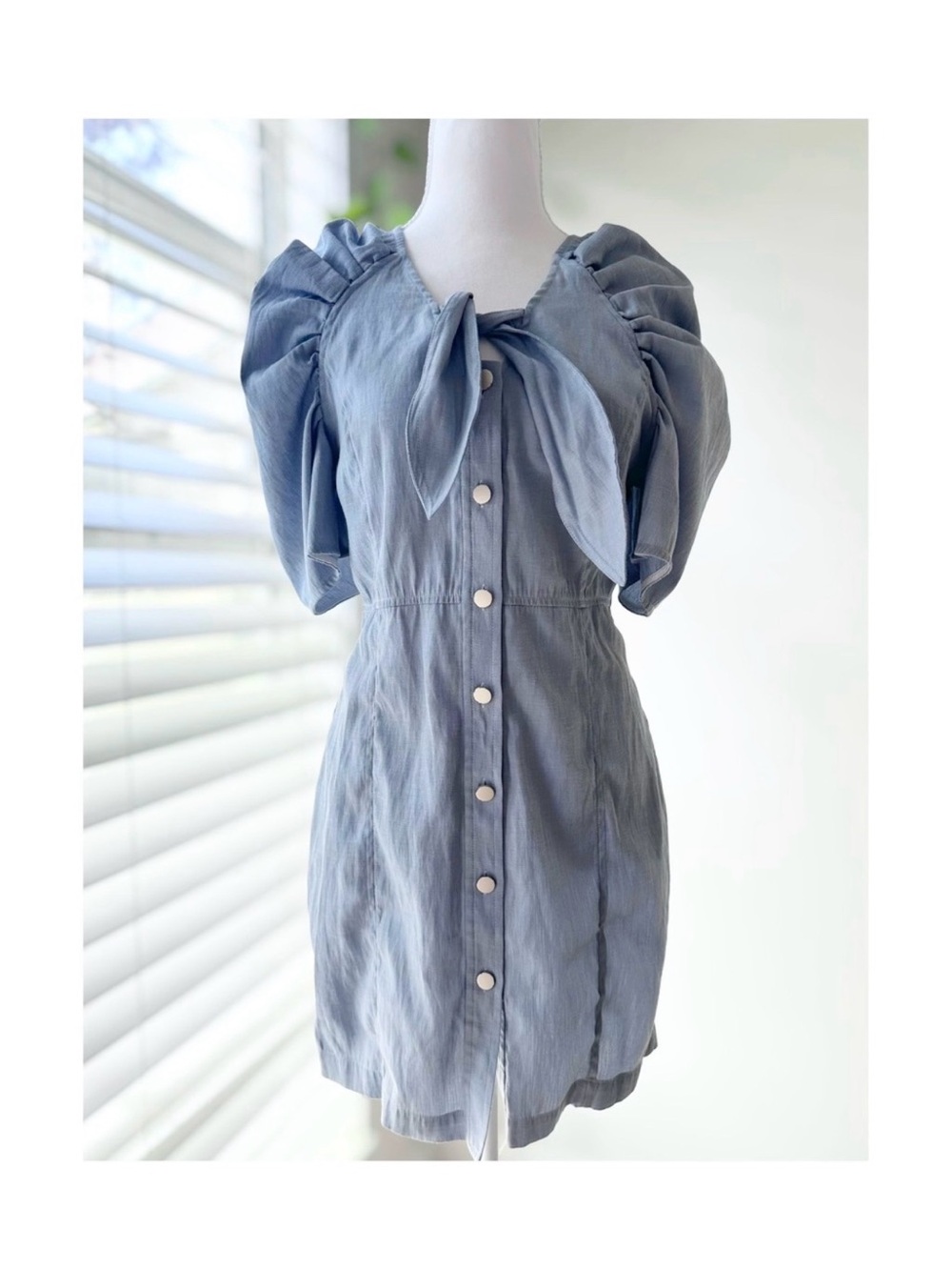 Blue Puff-Sleeve Button-Front Dress with Tie Neck